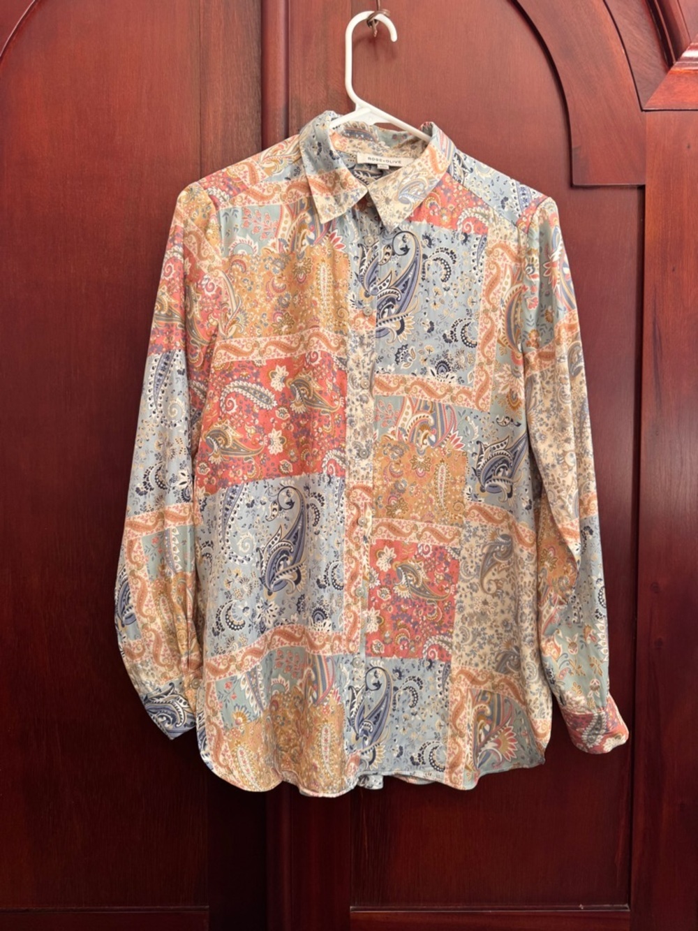Rose & Olive Patchwork Silky feel Long Sleeve Button Up Top size Med flowy
